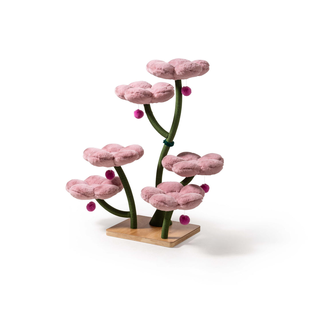 Cozy cat cave nestled in the Powder Pink Blossom Floral Cat Tree
