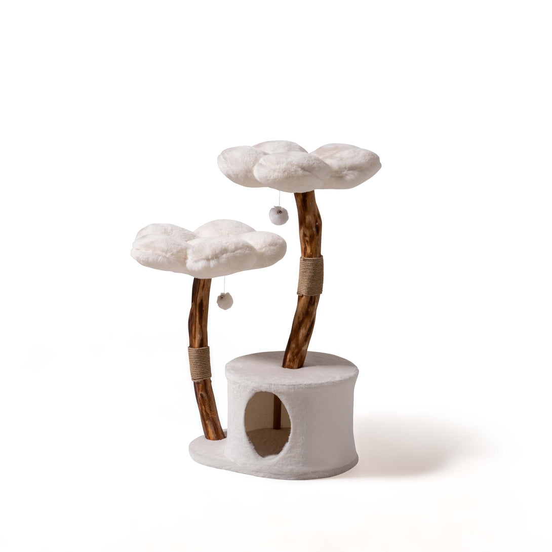 Cozy cat house featured in the White Daisy Cat Tree for relaxation
