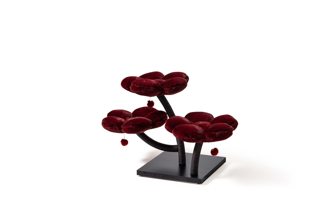 Cozy cushions on the Elegant Burgundy Daisy Cat Tree for comfort
