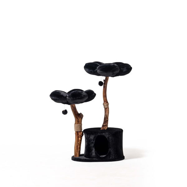 Black Floral Cat Tree with Wooden Trunk and Cozy Cave