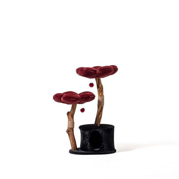 Burgundy Floral Cat Tree with Wooden Trunk and Cozy Cave