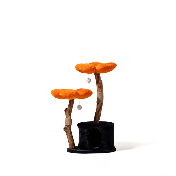 Orange Blossom Cat Tree with Wooden Trunk and Cozy Cave