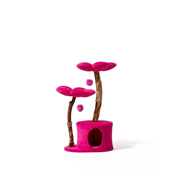 Magenta Floral Cat Tree with Cozy Cat Cave, Modern Cat Furniture