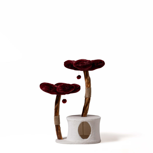 MARUVIS Burgundy Blossom Wooden Cat Tree with Cave showcasing elegant design
