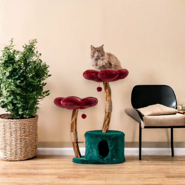 MARUVIS Burgundy and Emerald Green Forest Cat Tree with floral accents