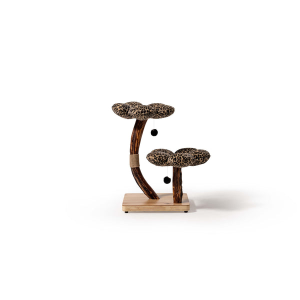 Plush modern cat bed atop the leopard print climber
