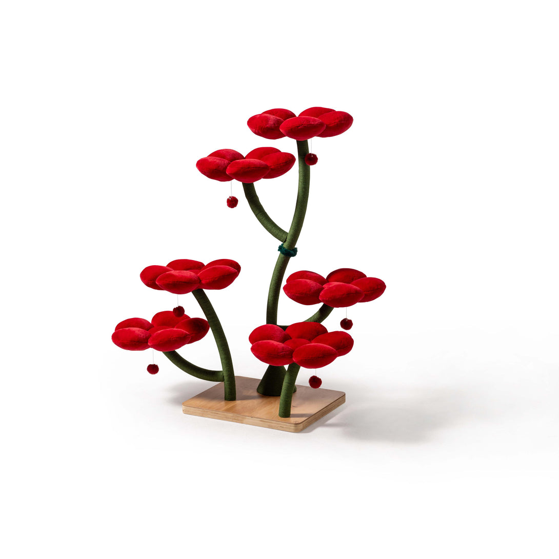 Spacious cat caves in the Red Blossom Cat Tree for comfort
