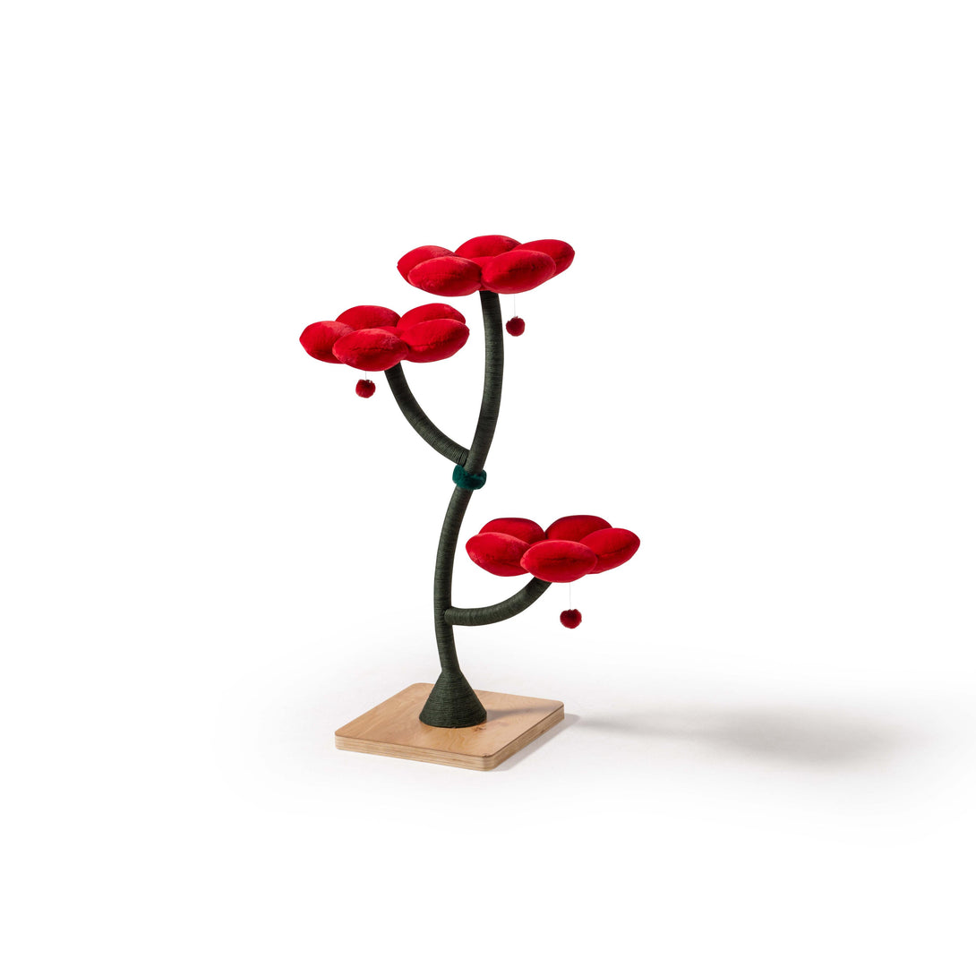 Spacious lounging area on the Red Blossom Floral Cat Tree for large cats
